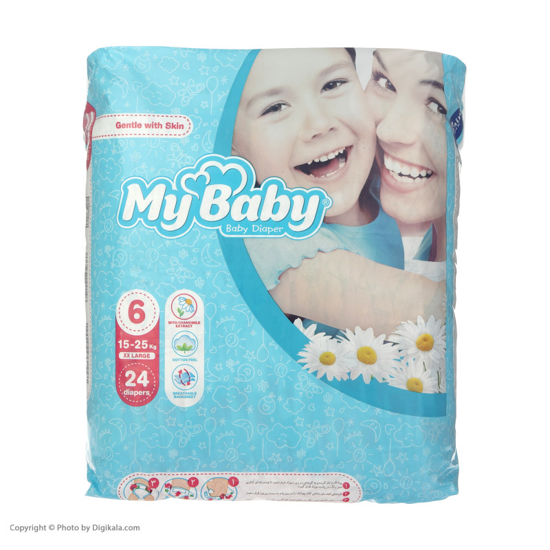 پوشک مای بیبی آبی سایز 6 (XXL) سری مهربان با پوست – 24 عددی